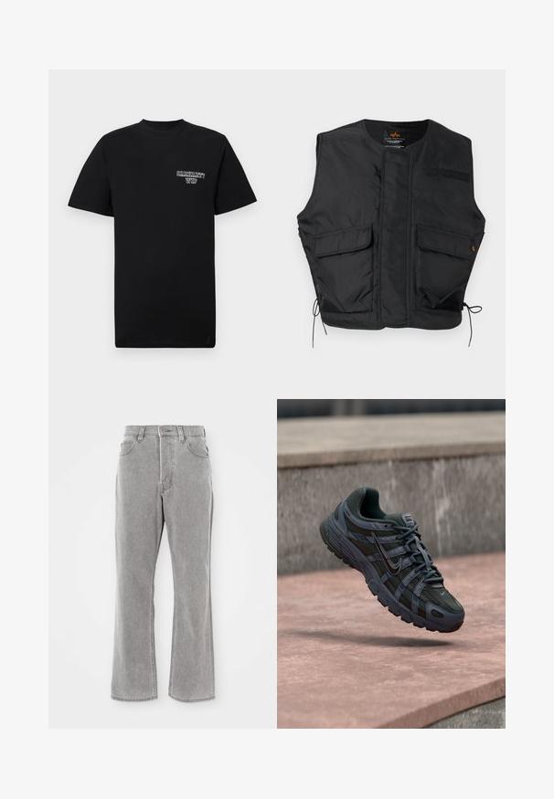 Schwarze, ärmellose Utility-Weste mit zwei aufgesetzten Taschen vorne, Kordelzügen am Saum und einem runden Ausschnitt.; Schwarzes Baumwoll-T-Shirt mit kurzen Ärmeln und Rundhalsausschnitt, ausgestattet mit einem weißen Drucklogo auf der linken Brust. Glatte Textur, normale Passform.; Helle graue Denim-Jeans mit hoher Taille, ausgestellten Beinen und sichtbaren Nähten. Mit Eingrifftaschen und einem Reißverschluss.; Dunkelgrauer Nike Laufschuh mit Mesh- und Synthetikdesign, schwebt über einer rosa Betonfläche vor grauem Stein-Hintergrund.
