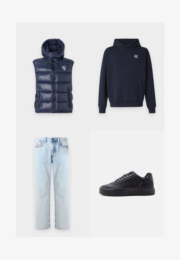 Marineblauw gewatteerd vest met een capuchon, glanzend materiaal, ritssluiting, twee voorzakken en een logo-opdruk op de linkerborst.; Marineblauwe hoodie gemaakt van zacht stof, met een kangoeroezak en een klein logo op de borst. Ontworpen met een losse pasvorm en verstelbare capuchon.; Lichtblauwe denim jeans met een rechte pijp, vijf zakken en subtiele vervaging. Voorzien van een knoopsluiting en een lus voor een riem.; Zwarte lage sneaker met gewatteerd ruitpatroon, vetersluiting en dikke rubberen zool, gezien vanaf de buitenkant.