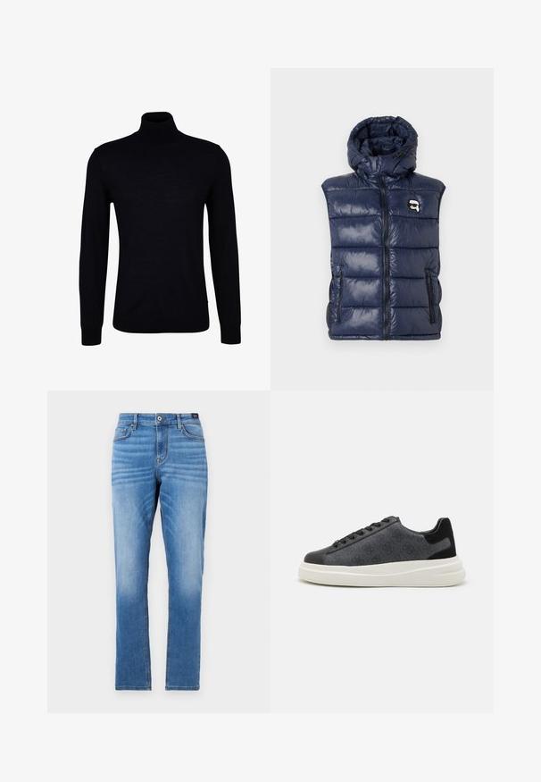 Mørkeblå puffervest med hætte, glansfuldt materiale, lynlås lukning, to forlommer og et logo patch på venstre bryst.; Sort turtleneck sweater i glat strikstof. Har lange ærmer, en tætsiddende hals og ribbede manchetter og kant for en tætsiddende pasform.; Lyseblå denim jeans med lige pasform, fem-lomme design, knaplukning foran og diskret falmning på lårene.; Sort sneakers med struktureret grå stofoverdel, sort læder tåhætte og hvid chunky sål. Har logodetaljer og snørebåndsdesign.