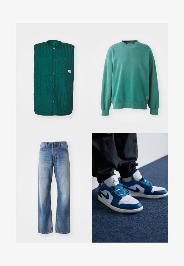Grüne gesteppte Weste mit runder Halsöffnung, vorderen Druckknöpfen und zwei vertikalen Brusttaschen. Texturiertes Material mit genähten Linien und einem Logolabel.; Grüner Rundhalsausschnitt-Pullover aus Baumwollmischung. Verfügt über gerippte Bündchen und Saum, eine lockere Passform und ein kleines Logotag auf der unteren linken Seite.; Blaue Jeans mit geradem Bein aus Denim, mit leichtem Verblassen an den Oberschenkeln und Knien, ausgestattet mit fünf Taschen und einem Knopfverschluss.; Die Nike Air Jordan Sneakers verfügen über eine weiße Lederbasis mit blauen synthetischen Akzenten, einer perforierten Zehenbox und blauen Schnürsenkeln.