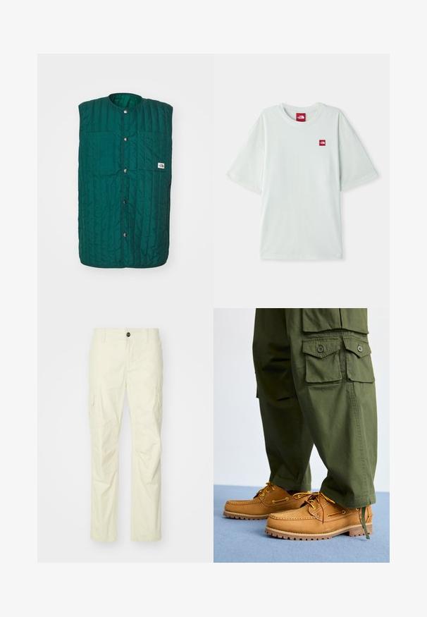 Gilet matelassé vert avec un col rond, bouton-pression à l'avant et deux poches verticales sur la poitrine. Tissu texturé avec des lignes cousues et une étiquette de logo.; T-shirt à manches courtes vert clair en coton doux, arborant une petite étiquette logo rouge sur la zone gauche de la poitrine. Coupe décontractée et col rond.; Pantalons cargo beige en tissu léger, dotés de poches latérales, d'une fermeture à bouton et de jambes droites. Texture lisse avec coutures ajustées.; Timberland AUTHENTIC 3 EYE - Chaussures bateau - wheat