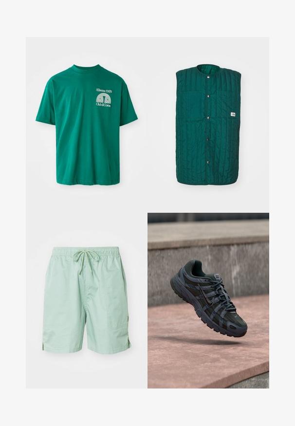 Chaleco acolchado verde con cuello redondo, botones a presión en la parte delantera y dos bolsillos verticales en el pecho. Tejido texturizado con líneas cosidas y una etiqueta de logo.; Camiseta de algodón verde con escote redondo. Presenta un estampado gráfico en blanco que dice "Ellesse 1959 Club di Corsa" en el lado izquierdo del pecho.; Bañadores verde claro hechos de tela suave, con cinturilla elástica y cordón, bolsillos laterales y longitud corta.; Zapatilla de running Nike de color gris oscuro con diseño de malla y sintético, flotando sobre una superficie de hormigón rosada con un fondo de piedra gris.