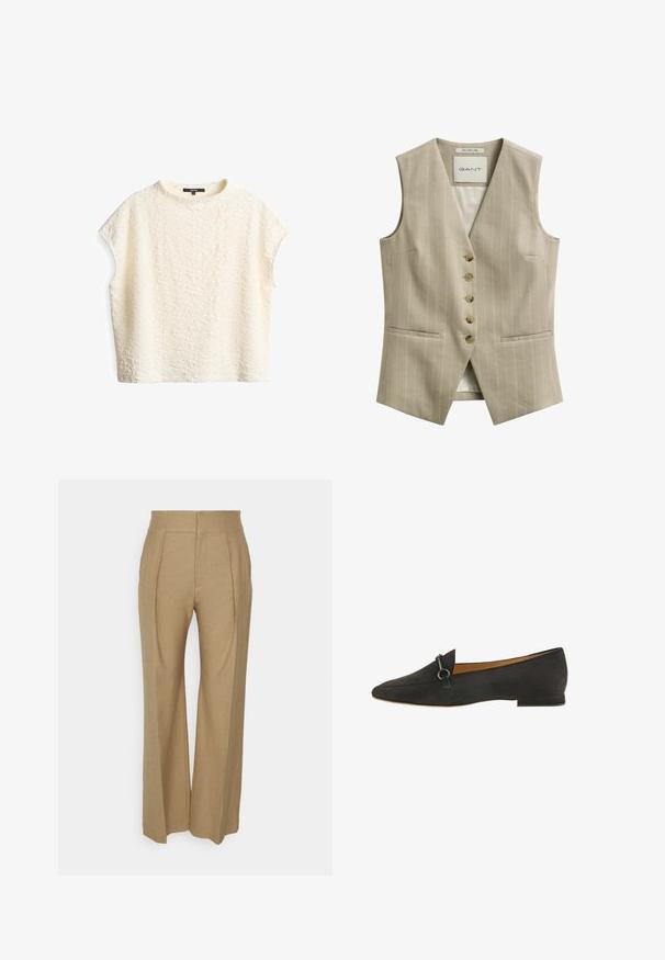 Beige vest met krijtstreep, vijf knopen, twee voorzakken met een split en een V-halskraag, gelabeld GANT, ontworpen voor een aansluitende pasvorm.; Korte mouwen ivoorkleurig top met een gestructureerd, gekreukt patroon; heeft een ronde halslijn en een relaxte pasvorm, vervaardigd uit een zachte stof.; Beige wijde broek van textuurstof, met voorplooien en een hoge taille. Geen zichtbare zakken of versieringen.; Zwarte suède instappers met een spitse neus, voorzien van een decoratieve zilveren hardware detail. Platte hak en een gladde binnenvoering.