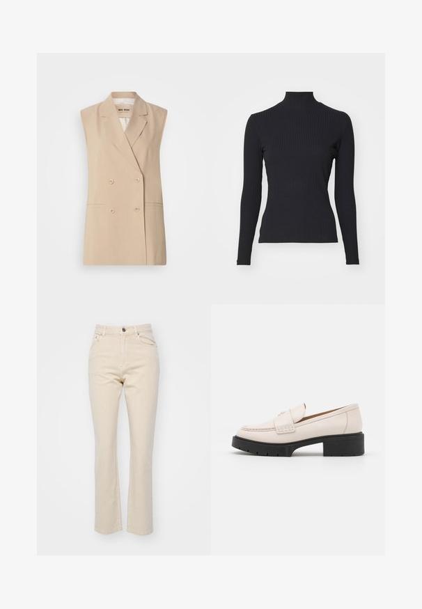 Beige mouwloze blazer met een dubbele rij knopen, geknipte revers, twee voorzakken en knoopdetails. Gemaakt van een gladde stof.; Zwarte geribde coltrui met lange mouwen. Gemaakt van rekbare stof met een getailleerde pasvorm en hoge kraag. Eenvoudig ontwerp zonder versieringen.; Beige rechte jeans gemaakt van denim, met een sluiting met knoop aan de voorkant, twee voorzakken en een gladde textuur.; Lichtbeige leren loafers met een gestikte voorkant en een textuur met een zwarte plateauhak. Beschikt over een gebogen ontwerp en een lichte verhoging.