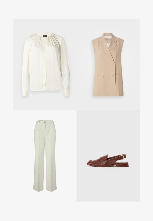 Blazer sans manches beige avec un design croisé, des revers crantés, deux poches à l'avant et des détails de boutons. Fabriqué dans un tissu lisse.; Blouse à manches longues en soie écrue. Dotée d'un col rond, de douces plis aux épaules et de poignets boutonnés. Texture lisse et design minimaliste.; Pantalon droit couleur écru avec passants pour ceinture et une fermeture à bouton unique à la taille.; Dolce Vita HARDI - Chaussons - brown