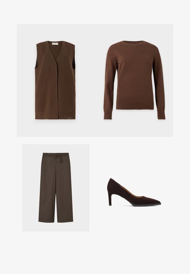 Brun ærmeløs vest med V-udskæring, lavet af blødt stof. Har en åbning foran og en minimalistisk silhuet uden ekstra pynt.; Brun crewneck langærmet sweater med ribkant ved manchetter og kant, vist på en ensfarvet lys baggrund.; Brune bredbenede bukser med bæltestropper og en selvbindende sløjfe i taljen, lavet af letvægtsstof, vist fladt.; Mørkebrune ruskinds højhælede sko med spids tå, en slank hæl og en glat sål, vist fra siden på en hvid baggrund.