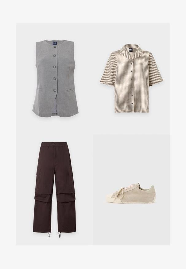 Gilet sans manches gris à boutons avec col rond, deux poches fendu à l'avant et étiquette GAP à l'intérieur du col.; Chemise à manches courtes à boutons avec un motif à carreaux beige, marron et blanc et un col ouvert.; Pantalons cargo marron foncé avec une taille élastique, deux poches latérales et des ourlets à cordon de serrage. Fabriqués à partir d'un tissu résistant avec une coupe décontractée.; Baskets basses en daim beige avec lacets rose clair, semelle en caoutchouc blanc cassé et bout arrondi, sur fond clair uni.