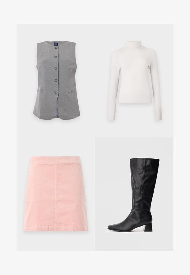 Chaleco gris sin mangas con cuello redondo, dos bolsillos delanteros con abertura y etiqueta de GAP dentro del cuello.; Top de punto acanalado color crema de manga larga y cuello alto con una silueta ajustada sobre un fondo blanco liso.; Mini falda de pana rosa con una cintura ajustada y textura de costillas verticales. El dobladillo es recto y presenta un diseño simple sin decoraciones.; Bota de cuero negra hasta el medio de la pantorrilla con punta afilada y tacón cuadrado sobre un fondo claro y liso.
