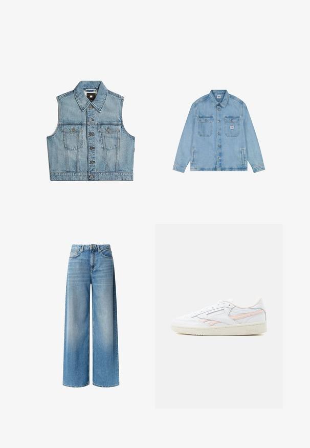 Denim vest, lichtblauwe kleur, mouwloos ontwerp, grote kraag, sluiting met knopen aan de voorkant, twee borstzakken, iets verkorte zoom.; Lichtblauwe spijkerjasje met knoopsluiting aan de voorkant, twee borstflappenzakken met knopen, twee zijzakken en een klein Lee-logo op het rechterborstzakje.; Brede blauwe denim jeans hebben een lichte wassing, hoge taille, voorzakken en een subtiele vervagingseffect langs de benen. Afgewerkt met een knoopsluiting.; Witte lage sneaker met lichtroze accenten, geperforeerde details en een beige textuurs zool, afgebeeld in zijaanzicht van rechts op een grijze achtergrond.