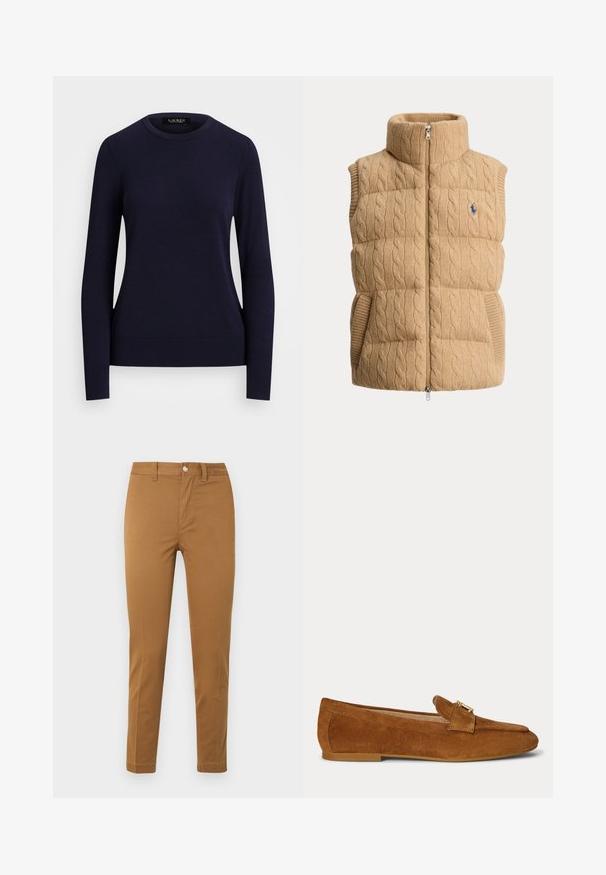 Veste matelassée beige sans manches avec motif torsadé en maille, col montant, fermeture éclair frontale, deux poches latérales et petit logo bleu brodé sur la poitrine.; Pull en maille bleu marine avec col rond, manches longues, poignets et ourlet côtelés, présentant une texture lisse et un design ajusté.; Pantalon kaki à jambes droites avec poches avant, passants pour ceinture et fermeture par bouton, présenté à plat sur fond blanc.; Mocassin plat en daim marron avec un détail de boucle en métal doré sur le dessus et une semelle à petit talon.