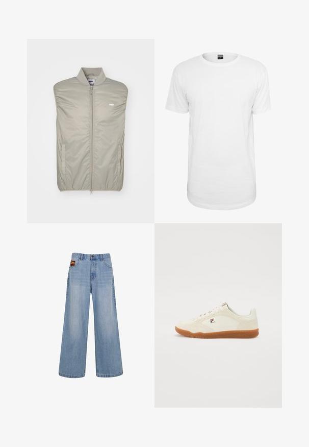 Chaleco sin mangas de color gris claro, hecho de un material suave y acolchado, con un cuello alto, cremallera frontal y logo en el pecho. Cuenta con bolsillos laterales.; Camiseta blanca de manga corta hecha de algodón, con un cuello redondo clásico, un corte relajado y sin patrones ni logotipos visibles.; Jeans de pierna ancha en azul claro con cintura alta y un pequeño detalle tejido colorido asomando del bolsillo delantero derecho.; Zapatillas de cuero blanco con una suela de goma marrón, con un diseño acolchado y un pequeño parche con el logo en el costado. Silueta de corte bajo.