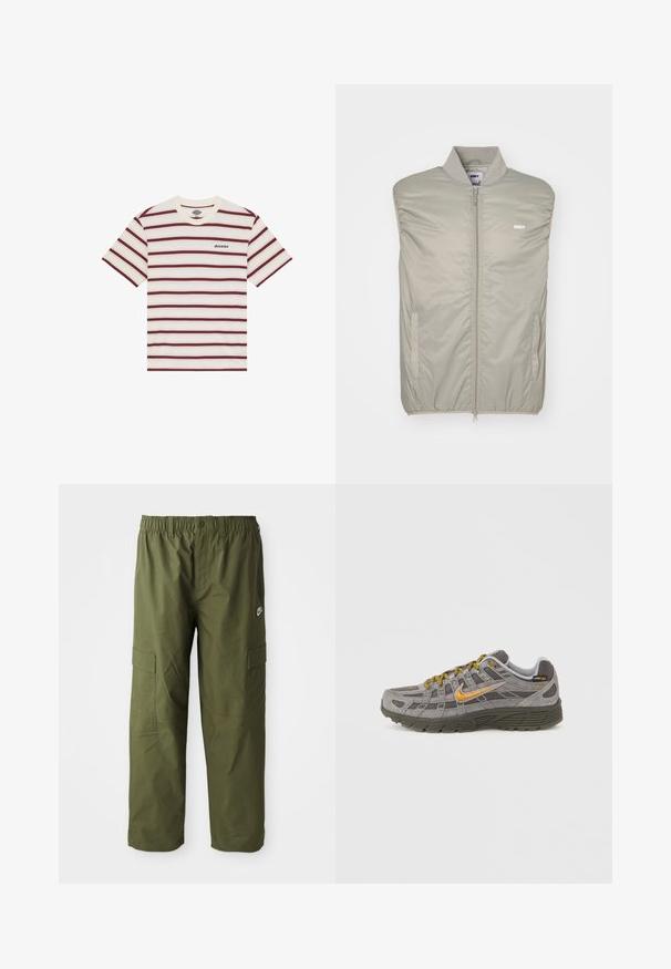 Lys grå ærmeløs jakke lavet af glat, polstret materiale med høj krave, frontlynlås og logo på brystet. Har sidelommer.; Kortærmet T-shirt med vandrette maroon- og cremefarvede striber, med "Dickies" logo broderet på venstre bryst.; Nike cargo bukser i mørke olivengrønne, med elastisk talje, to sidelommer og et glat, let stof.; Grå ruskindssneaker med gyldne accenter, teksturerede paneler og matchende snørebånd. Har en polstret sål og logodetalje på siden.