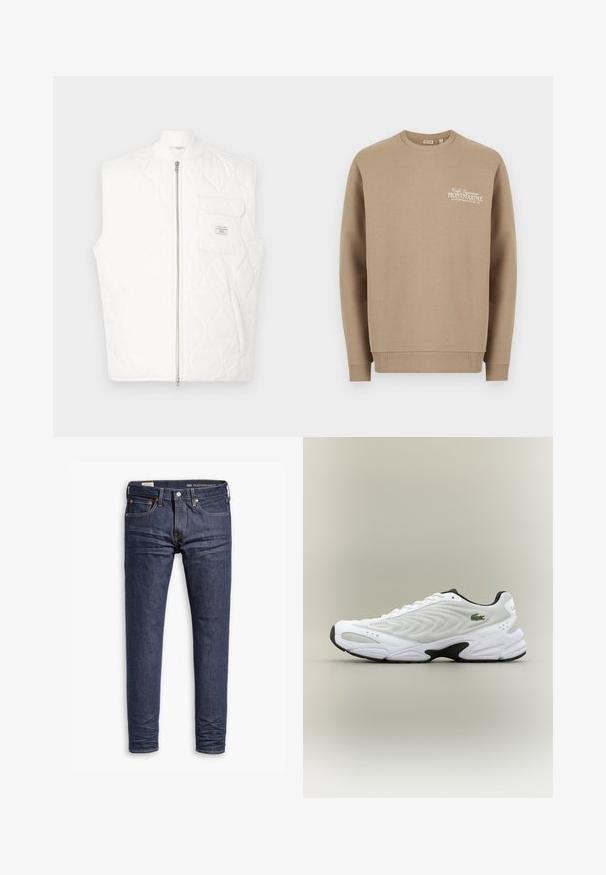 Weiße gesteppte ärmellose Weste mit vorderem Reißverschluss und Brusttasche mit kleinem Markenpatch.; Beige Pullover mit Rundhalsausschnitt, gerippten Bündchen und Saum, mit weißem Schriftzug "Café Supérieur Montmartre" auf der linken Brust.; Dunkelblaue Slim-Fit Levi's Performance Jeans mit fünf Taschen und sichtbaren Nähten auf weißem Hintergrund.; Weißer Sportschuh mit strukturiertem Mesh-Obermaterial, geschwungenem Design und kontrastierender schwarzer Laufsohle. Mit grünem gesticktem Logo an der Seite.