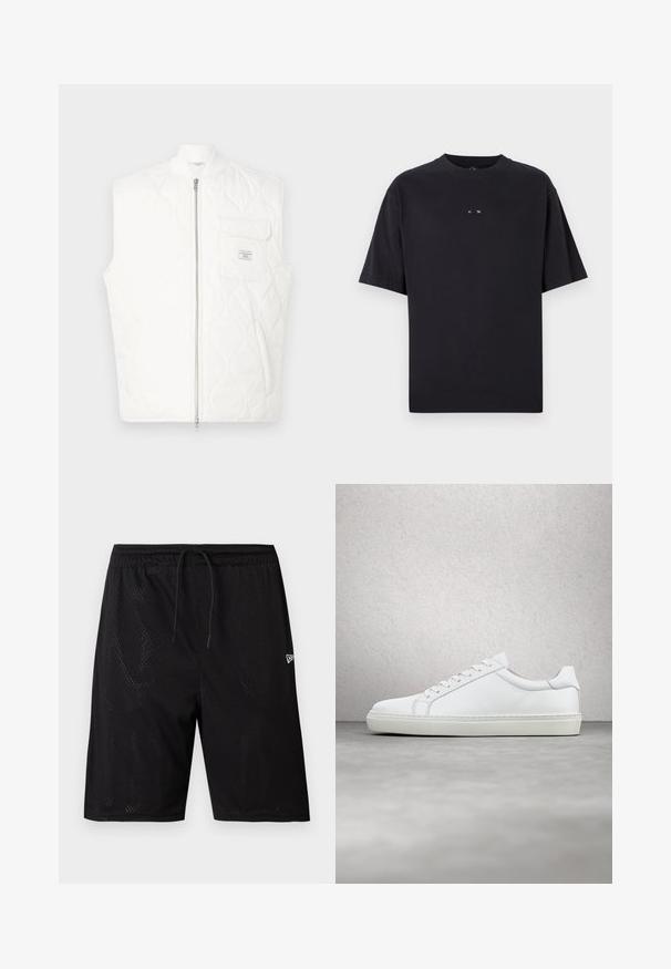 Witte doorgestikte mouwloze bodywarmer met een ritssluiting aan de voorkant en een borstzak met een klein merkembleem.; Oakley RISE TEE - T-shirt basic - blackout; Zwarte mesh sportshorts met een trekkoord in de taille, voorzien van een geperforeerde textuur en een klein wit logo aan de onderzijde rechts.; Witte sneaker met een gladlederen bovenwerk en een laag profiel. Voorzien van een ronde neus, zes vetergaatjes en een gestructureerde rubberen zool.