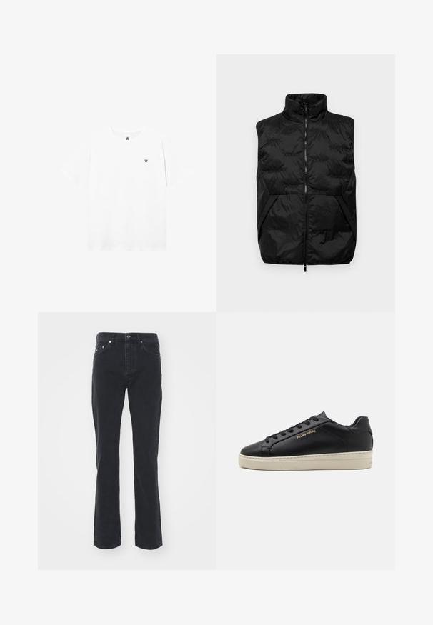 Sort puffer vest med høj krave, lynlåslukning og sidelommer. Har et quiltet mønster og glat, letvægtsstof.; Hvid kortærmet t-shirt med rund hals og lille cirkulært logo, der viser et sort "W" på venstre brystområde.; Sorte denimjeans med lige ben-design, der har fem lommer og knappelukning. Stoffet har en subtil tekstur og en robust overflade.; Sorte lædersneakers med en glat finish, kontrasterende cremefarvet sål, rund tå, guld logo på siden og seks huller til snørebånd.