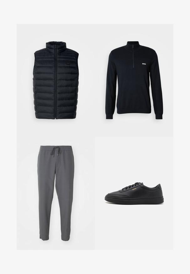 Mustmust vest kõrge kraega, lukuga ja küljetaskutega. Omab tikandit ja väikest logo sildiga ees.; Tume kapuutsiga pulli, millel on kõrge kaelus ja pooltõmblukk. Materjal on pehme ja struktuurse pinnaga. Rindel on väike valge "BOSS" logo.; Halli hallid jooksmispüksid, mis on valmistatud siledast kangast, elastse vöökoha ning tõmblukuga, kitsenevate jalgade ja külgtaskutega.; Mustad nahkspordijalatsid siledast materjalist, ümarate varvastega, tasase kummist tallaga ja tooni sobivate paeltega. Küljes on kuldne "BOSS" bränding.
