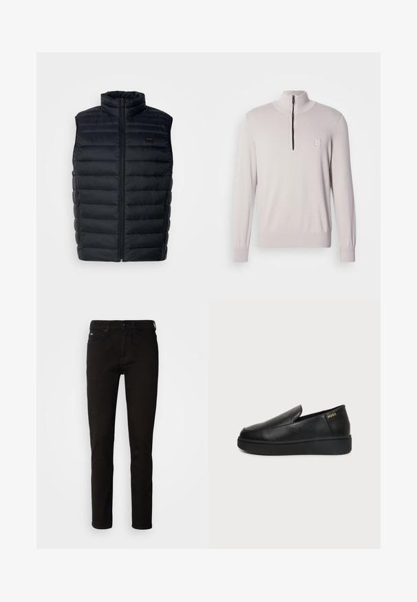Schwarze Steppweste mit hohem Kragen, Reißverschluss und seitlichen Taschen. Besitzt eine gesteppte Textur und ein kleines Logo-Label auf der Vorderseite.; Hellbeiger Pullover mit hohem Kragen und halblangem Reißverschluss vorne. Strickstoff mit gerippten Bündchen und kleinem Logo-Patch auf der Brust.; Schwarze Denim-Jeans mit geradem Bein, Reißverschluss und einem Fünf-Taschen-Design. Der Stoff hat eine glatte Textur ohne sichtbare Muster.; Schwarzer Lederschlupfschuh mit dicker Sohle und kleinen seitlichen Belüftungslöchern, mit goldenem "HUGO"-Logo nahe der Ferse.