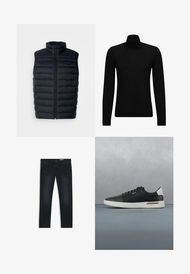 Sort puffer vest med høj krave, lynlåslukning og sidelommer. Har quiltet struktur og et lille logo mærke på fronten.; Sort turtleneck sweater lavet af blødt materiale, med lange ærmer og en tætsiddende pasform. Ribbet trim ved kanten og manchetter. Simpelt design.; Mørke denim jeans med lige pasform, subtilt slid, fem lommer og orange syninger som accent på taljen.; Sort lædersneaker med hvid sål, har perforeringer, snørebåndsdesign, logo på siden og kontrasterende hældetalje i hvid og brun.