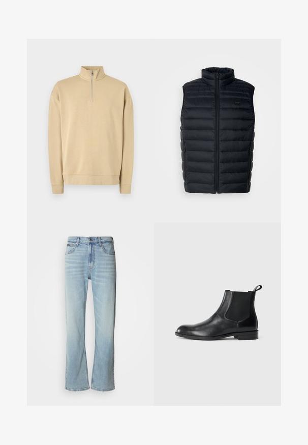 Zwarte puffer vest met een hoge kraag, ritssluiting en zijzakken. Heeft een gewatteerde textuur en een klein logolabel aan de voorkant.; Beige sweatshirt met een hoge hals en een rits tot de helft. Heeft ribgebreide mouwen en zoom, met een subtiele logo op de borst. Gladde textuur.; Lichtblauwe denim jeans met een rechte pijp, voorzien van vijf zakken, een knoopsluiting en subtiele vervaging op de stof.; Zwarte leren enkelboot met elastische zijpanelen, ronde neus en een trekhaak. Gladde textuur, platte zool, minimalistisch ontwerp.