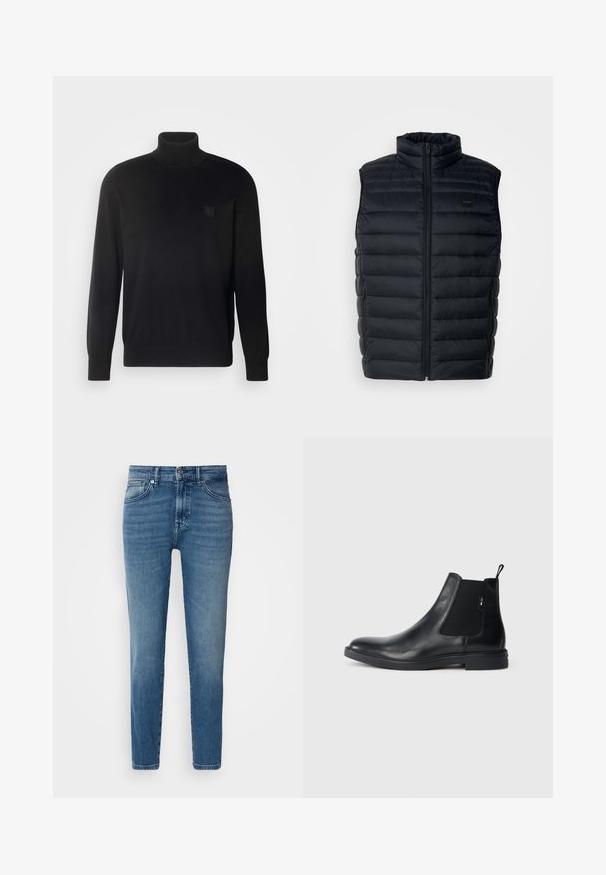 Zwarte puffer vest met een hoge kraag, ritssluiting en zijzakken. Heeft een gewatteerde textuur en een klein logolabel aan de voorkant.; Zwarte coltrui met lange mouwen, geribbelde kraag en manchetten, gemaakt van een gladde stof. Bevat een klein logo-embleem op de borst.; Lichtblauwe denim jeans met een rechte pasvorm, traditionele vijf-pocket stijl, metalen knoopsluiting en subtiele vervaging aan de voorkant.; Zwarte leren Chelsea-boots met elastische zijpanelen, een treklipje en een vlakke rubberen zool. Gladde textuur met minimale details.