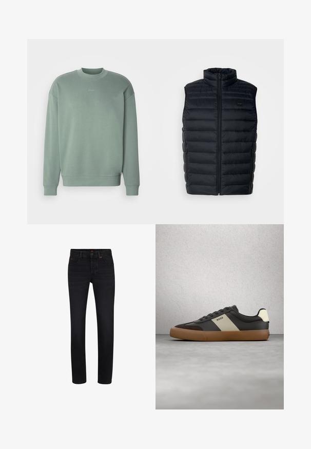 Gilet rembourré noir avec un col haut, fermeture éclair et poches latérales. Présente une texture matelassée et une petite étiquette logo sur le devant.; Sweat-shirt vert menthe avec un col ras du cou, épaules abaissées, poignets côtelés et un logo "HUGO" subtil centré sur la poitrine. Texture douce.; Jean en denim noir avec une coupe droite, des accents en cuivre, un délavage subtil et un design classique à cinq poches. Conçu pour la polyvalence et le confort.; Baskets noires et brunes avec une bande beige et le logo "BOSS", flottant au-dessus d'un sol en béton gris et d'un mur en blocs de verre en arrière-plan.