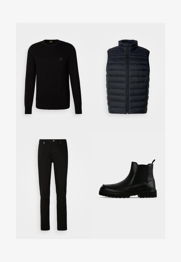 Schwarze Steppweste mit hohem Kragen, Reißverschluss und seitlichen Taschen. Besitzt eine gesteppte Textur und ein kleines Logo-Label auf der Vorderseite.; Schwarzer Strickpullover mit langen Ärmeln, Rundhalskragen und einem kleinen strukturierten Logo-Patch auf der Brust. Glatte Textur über die gesamte Fläche.; Schwarze Jeans mit geradem Bein, vorne mit Knopf- und Reißverschluss, Vorder- und Gesäßtaschen, dargestellt vor einem schlichten hellen Hintergrund.; Schwarzer Lederknöchelstiefel mit strukturierter Sohle, elastischen Seitenteilen und Zuglasche vor einem hellgrauen Hintergrund.