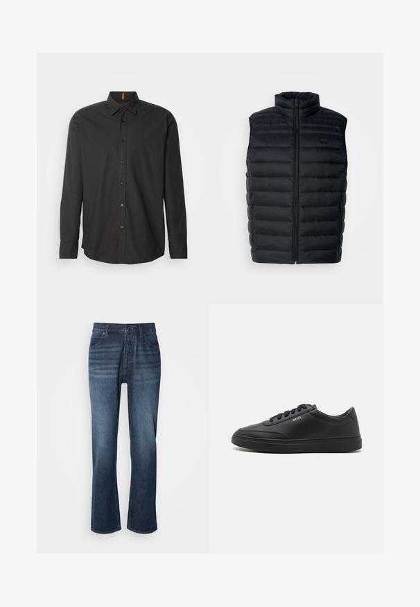 Gilet rembourré noir avec un col haut, fermeture éclair et poches latérales. Présente une texture matelassée et une petite étiquette logo sur le devant.; Chemise noire à manches longues en tissu léger. Elle dispose d'un col boutonné, de boutons à l'avant et d'un logo brodé sur la poitrine.; Jean en denim avec une coupe droite, lavage moyen, style à cinq poches et fermeture à bouton. Le tissu a une texture lisse avec un léger délavage.; Baskets en cuir noir avec une texture lisse, bout rond, semelle en caoutchouc plate et lacets ton sur ton. Présente une marque "BOSS" dorée sur le côté.