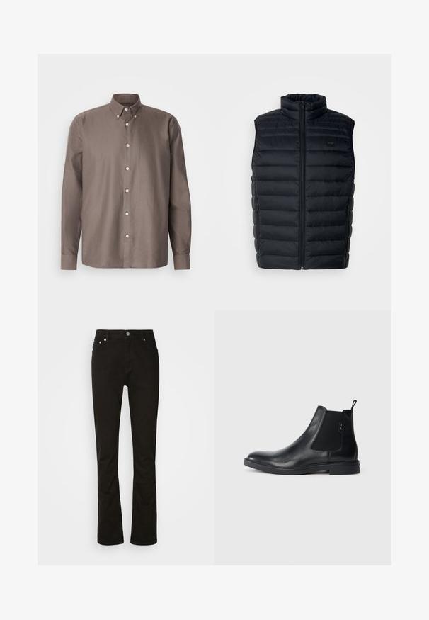 Sort puffer vest med høj krave, lynlåslukning og sidelommer. Har quiltet struktur og et lille logo mærke på fronten.; Brun skjorte med knapper, der har krave, lange ærmer, diskrete lodrette striber og hvide knapper foran.; Sorte denimjeans med lige ben-design, der har frontlommer, lynlåsgylpter og sølvfarvede hardware-detaljer. Glat tekstur, ingen mønstre.; Sorte læder Chelsea støvler med elastiske sidepaneler, en pull-tab og en flad gummisål. Glat tekstur med minimal detaljer.