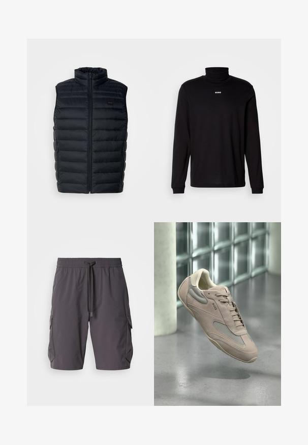 Schwarze Steppweste mit hohem Kragen, Reißverschluss und seitlichen Taschen. Besitzt eine gesteppte Textur und ein kleines Logo-Label auf der Vorderseite.; Schwarzes Langarm-Turtleneck-Shirt aus glattem Stoff, mit einem weißen "HUGO"-Logo auf der Brust, eng anliegend an den Bündchen und dem Saum.; Graue Cargo-Shorts aus leichtem Stoff, mit einem Kordelzugbund, Seitentaschen und einem leicht lockeren Schnitt.; Hellrosa Wildleder- und Mesh-Sneaker mit Schnürdetail, runder Zehenpartie und beigen Akzenten; präsentiert vor einem minimalistischen Hintergrund.