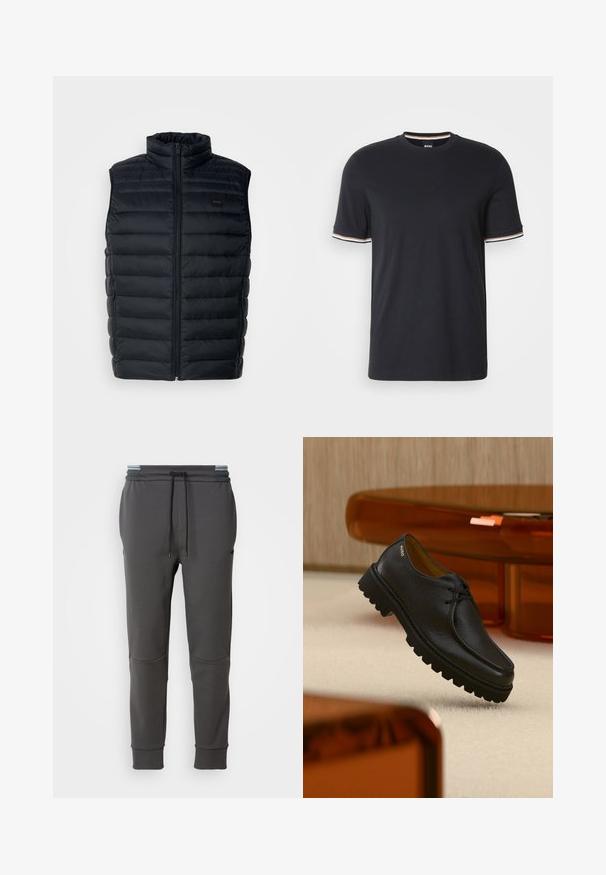 Sort puffer vest med høj krave, lynlåslukning og sidelommer. Har quiltet struktur og et lille logo mærke på fronten.; Sort bomulds t-shirt med rund halsudskæring, korte ærmer med stribede detaljer i hvid, orange og blå ved ærmeåbningerne.; Kullfarvede sweatpants med elastisk talje, justerbar snøre, sidelommer og ribbede manchetter. Glat tekstur og tætsiddende design.; Sort tekstureret lædersko med snørebånd og tyk rillet sål, mærket "HUGO" nær hælen, vist mod et beige tæppe og ravfarvet møbel.