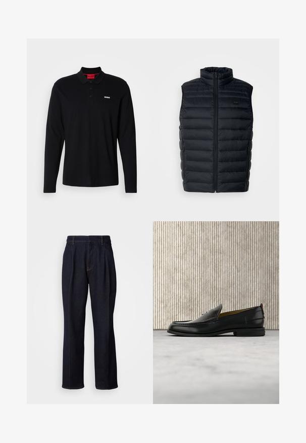 Chaleco acolchado negro con cuello alto, cierre de cremallera y bolsillos laterales. Presenta una textura acolchada y una pequeña etiqueta con logo en la parte frontal.; Camisa polo negra de manga larga hecha de algodón, con un cuello rojo y una tapeta de tres botones, y un logo blanco "HUGO" en el pecho.; Jeans de mezclilla de pierna ancha en un tono azul oscuro, con pliegues frontales y costuras naranjas, presentados sobre fondo blanco.; Mocasín de cuero negro para hombre con empeine grabado en relieve de cocodrilo y tacón bajo, mostrado de perfil sobre un fondo neutro.