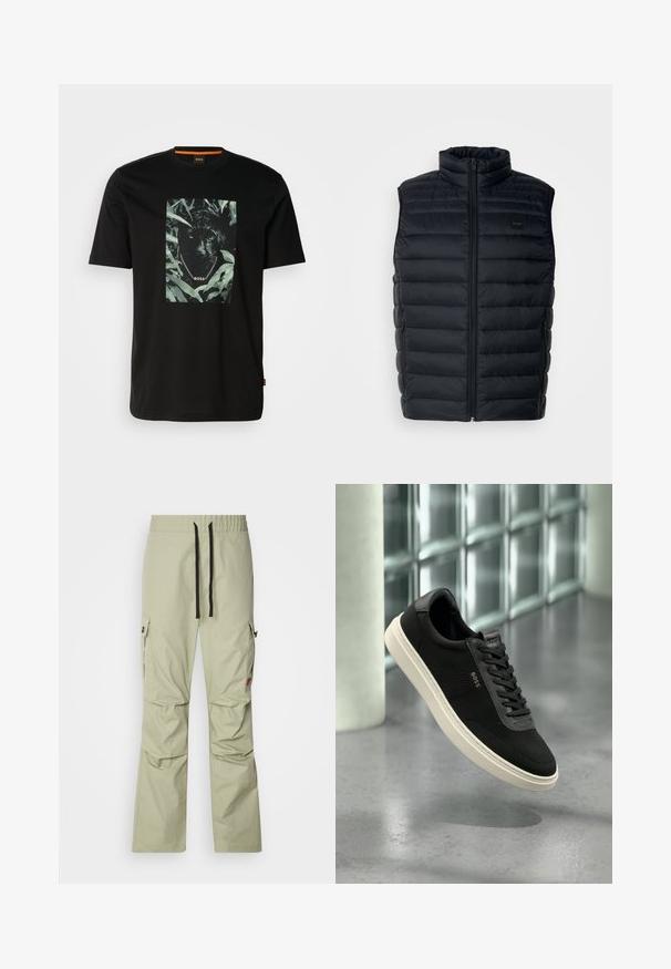 Sort puffer vest med høj krave, lynlåslukning og sidelommer. Har quiltet struktur og et lille logo mærke på fronten.; Sort bomulds t-shirt med et centralt grafik af en panter omgivet af blade, med en kædekrave og "BOSS" tekst. Korte ærmer.; Lys grønne cargo bukser med en afslappet pasform, elastisk talje, sort snøre, to sidelommer og diskrete syninger.; Sort lav sko med hvid sål, mesh-stof, læderdetaljer og "BOSS"-logo på siden, vist mod en baggrund af glasblokke.