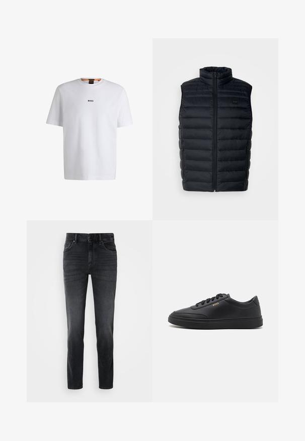 Schwarze Steppweste mit hohem Kragen, Reißverschluss und seitlichen Taschen. Besitzt eine gesteppte Textur und ein kleines Logo-Label auf der Vorderseite.; Weißes Baumwoll-T-Shirt mit kurzen Ärmeln, ausgestattet mit einem schwarzen "BOSS"-Logo, das mittig auf der Brust platziert ist, und einem runden Halsausschnitt.; Schwarze Jeans aus Denim mit schlanker Passform, mittelhohem Bund, klassischem Fünf-Taschen-Design und dezenten Verblassungen an den Beinen.; Schwarze Leder-Sneaker mit glatter Textur, runder Zehenpartie, flacher Gummisohle und einfarbigen Schnürsenkeln. Mit goldfarbenem "BOSS" Logo an der Seite.