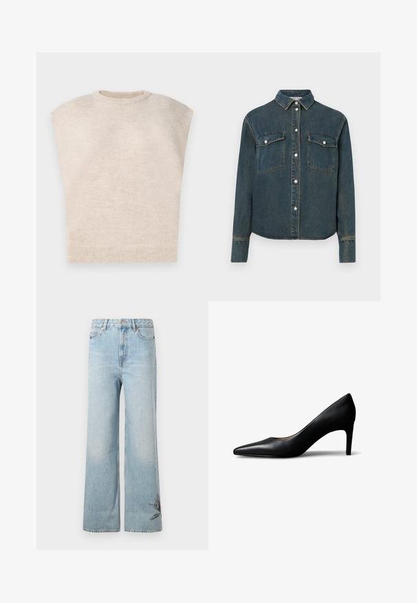 Pull en tricot beige avec des manches dolman courtes, un col rond et un ourlet côtelé. Texture douce, léger et design minimaliste.; Chemise en denim avec un col, des manches longues, deux poches poitrine et une fermeture à boutons sur le devant. Couleur bleu foncé avec une texture décolorée.; Jeans larges en denim bleu clair, avec une texture délavée et des broderies florales sur le bas de la jambe gauche.; Escarpin pour femme en cuir noir à bout pointu avec talon moyen, présenté de profil sur un fond blanc.