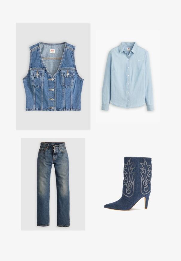 Lichtblauwe denimvest met een v-hals, vijf knopen aan de voorkant en twee borstzakken met een verouderde textuur.; Lichtblauwe overhemdbloes gemaakt van zacht denimstof. Heeft een klassieke kraag en lange mouwen, met een klein logo op de borst.; Blauwe spijkerbroek met een recht model, voorzien van zichtbare stiksels, een ritssluiting en vijf zakken. Vervaagde gedeelten bieden textuur.; Denim enkellaarsjes met een spitse neus, gebogen ontwerp, zilveren decoratieve stiksels en een 7,5 cm stilettohak. Donkerblauw met een gestructureerde afwerking.