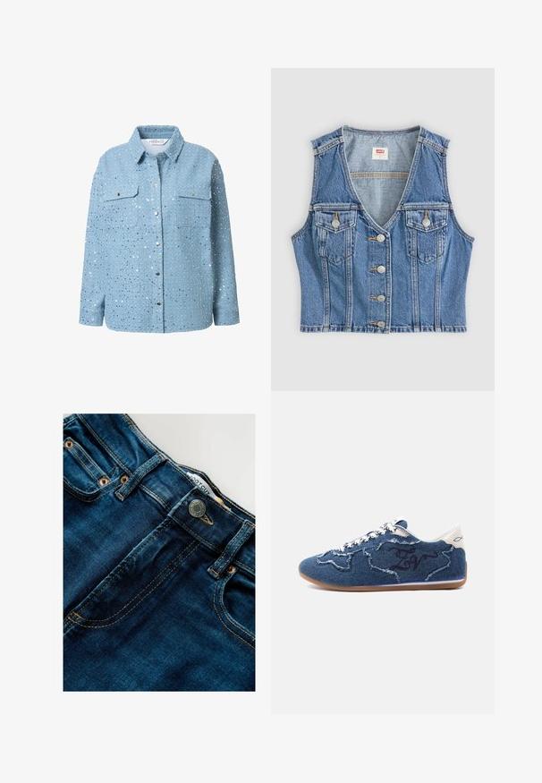 Denimvest i lys blå med v-udskæring, fem frontknapper og to brystlommer med en slidt tekstur.; Lysblå denimskjorte med sølvfarvede pailletter, lange ærmer, krave, to brystlommer og trykknaplukning. Glat tekstur og detaljeret udsmykning.; Denimjeans i mørkeblå med en glat tekstur. Har knaplukning, bæltestropper og guld-syninger. Forlommer er til stede.; Lavprofil sneaker i blå denim med frynset patchwork, hvide snørebånd, tanfarvet sål og hvid hælkappe med et lille fiskesymbol.