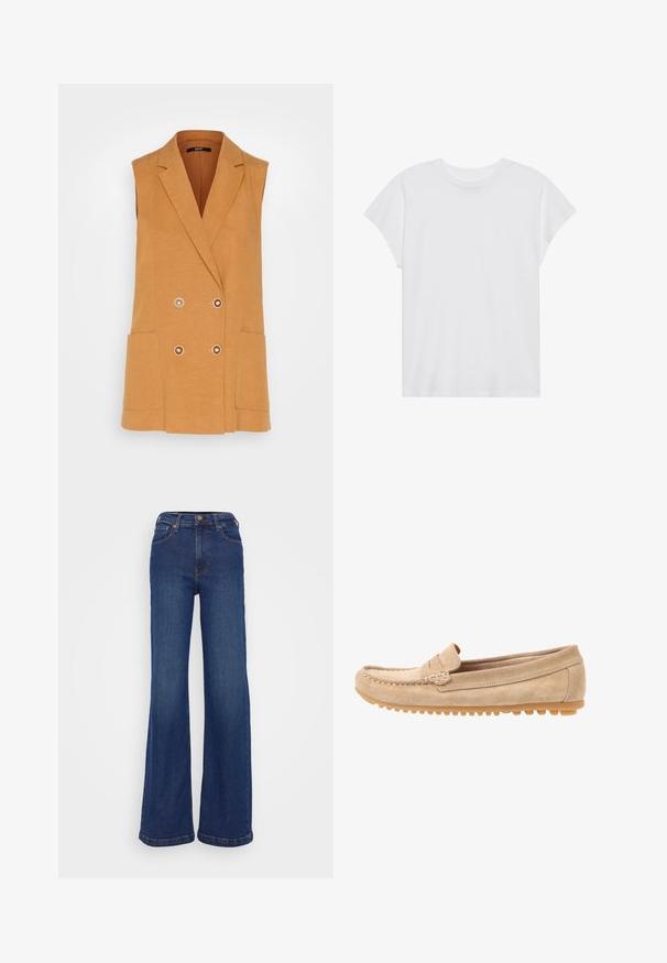 Esprit Collection LONG VEST - Chaleco - camel; Camiseta blanca de manga corta con cuello redondo, corte relajado, hecha de suave tela de algodón. Textura lisa, sin estampados ni logotipos.; Pantalones vaqueros de pierna ancha fabricados en denim azul oscuro. Presentan una cintura alta, diseño de cinco bolsillos y costuras sutiles en las costuras.; Mocasines de ante beige con punta redondeada, con detalles de costura y suela de goma que presenta pequeños salientes para tracción. Vista lateral.