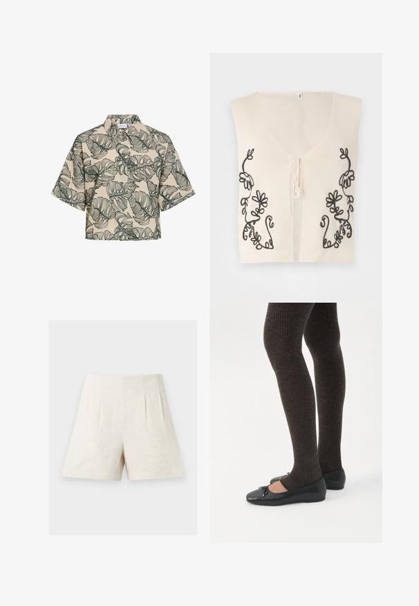 Veste sans manches en tricot crème avec col en V et broderie de vigne florale noire sur les côtés avant, avec une petite fermeture à nouer devant.; Chemise beige à manches courtes boutonnée, imprimé de grandes feuilles tropicales vertes et col montant.; Shorts en lin beige taille haute avec plis devant et jambes larges, présentés sur un fond clair uni.; Jambes portant des leggings côtelés foncés associés à des ballerines noires avec de petits détails en nœud sur fond blanc.