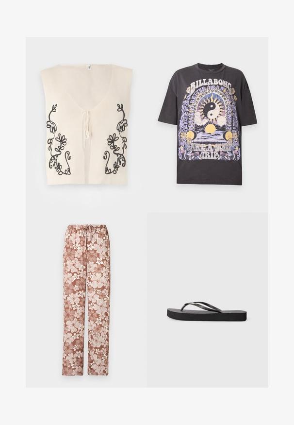 Chaleco sin mangas de punto color crema con escote en V y bordado de enredadera floral negra en los lados delanteros, con un pequeño cierre de lazo en la parte delantera.; Camiseta negra Billabong con sol y luna en tonos pastel, yin-yang, flores, olas y texto "Life-A-Sure Trip" en estilo psicodélico.; Pantalones marrones con cordón y un gran estampado floral en blanco y marrón claro, corte recto, mostrados sobre un fondo blanco.; Chancla de goma negra con suela plana, plantilla texturada y dos correas redondeadas. Diseño minimalista con un perfil elegante.