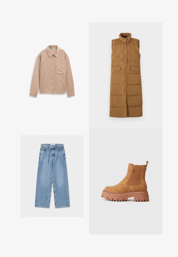 Pikk, ilma varrukateta pruun puffer-vest, millel on teemantkujulised tikandid, kõrge krae, eesmine nööbiklapi sulgemine ja kaks eesmist kotti.; Beige corduroy särgijope, millel on krae, viie nupuga suletus ja üks rinna tasku. Pehme tekstuur ja vertikaalne ribastus.; Hele sinised laia säärega teksapüksid kõrge vöökohaga, nööp- ja tõmblukuga, esimesed taskud ning õhuke nöörvöö.; Küpsetatud puuvillase nahaga Chelsea saapad, millel on paks ja robustne tald, elastsed külgpanelid, tõmbetuli kandmisel ja brändi silt välisküljel.