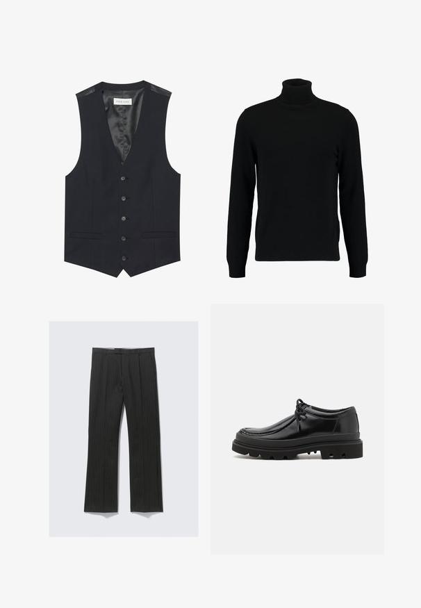 Sort vest med V-hals, seks frontknapper, to sidelommer og en glat inderfoer. Materialet har en tekstureret finish.; Sort turtleneck sweater lavet af et blødt strikmateriale. Har lange ærmer, ribbet krave og kant. Enkel, slank design uden mønstre.; Sort stribede bukser med lige ben-design, der har en glat stoftekstur og to sidelommer.; Sorte læder derby-sko med et strømlinet design, rund tå og struktureret gummisål med dybe riller for bedre greb.