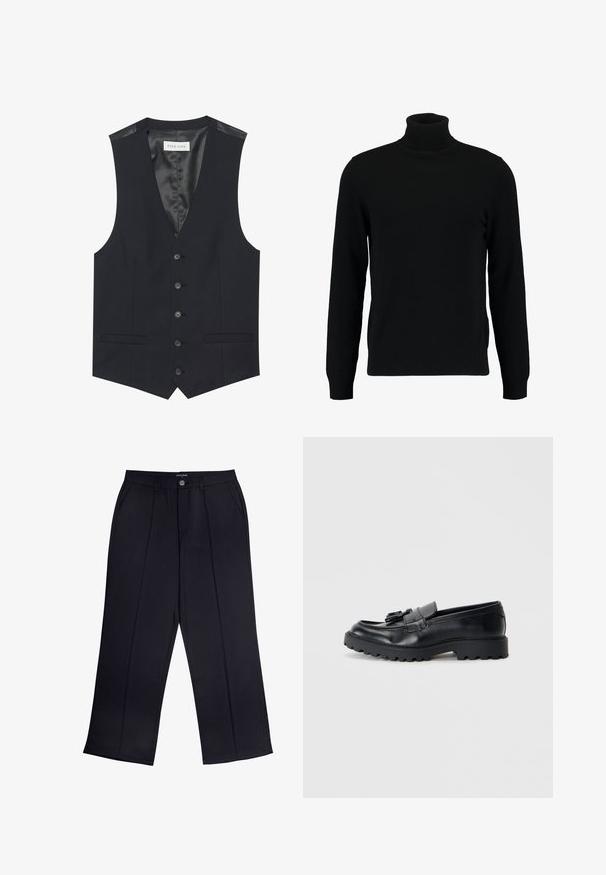Sort vest med V-hals, seks frontknapper, to sidelommer og en glat inderfoer. Materialet har en tekstureret finish.; Sort turtleneck sweater lavet af et blødt strikmateriale. Har lange ærmer, ribbet krave og kant. Enkel, slank design uden mønstre.; Sorte viddebukser lavet af glat stof med lynlås og knaplukning samt forlommer. Bemærkelsesværdige folder ned ad hvert ben.; Sorte læder loafers med en blank finish, kraftig gummisål og dekorativt frynse-detalje på forsiden.