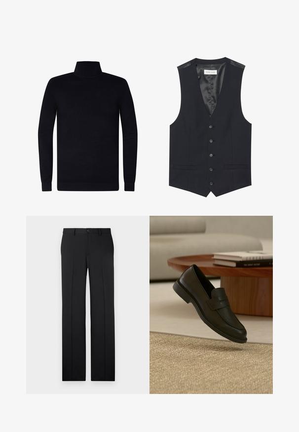 Sort vest med V-hals, seks frontknapper, to sidelommer og en glat inderfoer. Materialet har en tekstureret finish.; Sort turtleneck sweater, ribbede manchetter og krave, blødt strikstof, let design, lange ærmer, ingen synlig branding eller mønstre.; Sorte, skræddersyede bukser med lige ben, glat stof, pressefolder foran og en enkelt knaplukning i taljen.; Sort læderloafer vist i luften over en beige vævet tæppe, med et træbord og stablede bøger i et blødt oplyst stue.