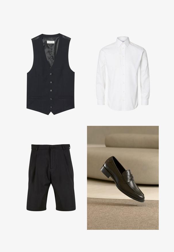 Gilet noir avec un décolleté en V, six boutons sur le devant, deux poches latérales et une doublure intérieure lisse. Le matériau a une finition texturée.; Chemise blanche à manches longues avec boutons, col pointu, boutons visibles sur le devant et poignets fermés par des boutons.; Shorts noirs en tissu lisse avec une coupe ajustée, dotés d'une fermeture à bouton à l'avant, de plis et de poches latérales.; Mocassin en cuir noir flottant au-dessus d'un tapis beige avec un canapé beige en arrière-plan, mettant en valeur le design classique pour hommes sans lacets.