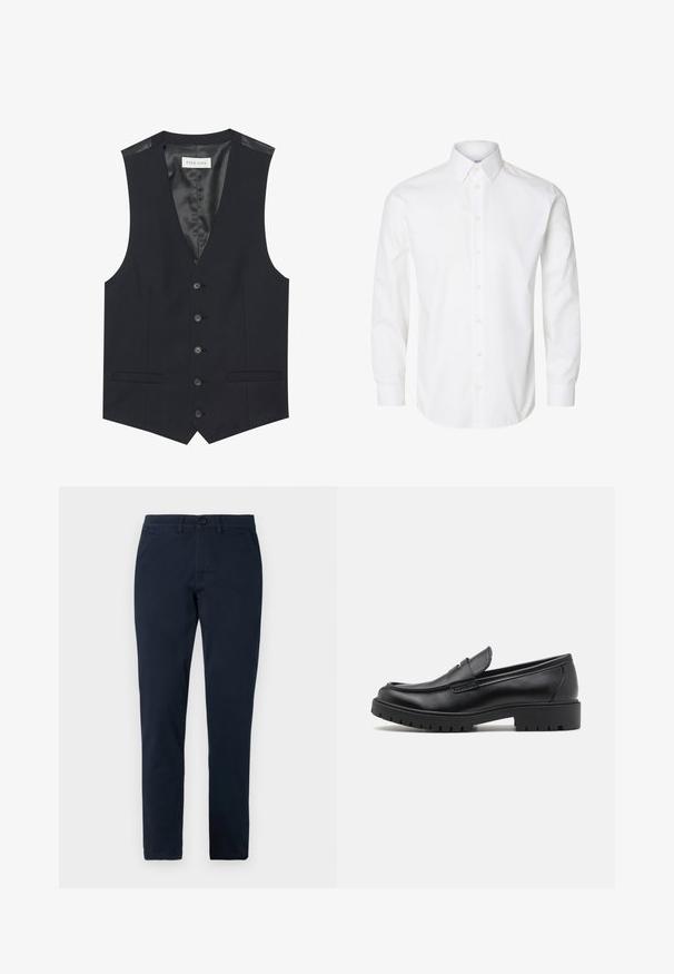 Gilet noir avec un décolleté en V, six boutons sur le devant, deux poches latérales et une doublure intérieure lisse. Le matériau a une finition texturée.; Chemise blanche à manches longues avec boutons, col pointu, boutons visibles sur le devant et poignets fermés par des boutons.; Pantalon noir slim fit pour homme avec fermeture avant par bouton et zip, passants de ceinture et poches latérales.; Mocassins en cuir noir avec un bout arrondi, un design à enfiler et une semelle en caoutchouc épaisse avec une texture antidérapante. Talon surélevé et détails de surpiqûre subtils.