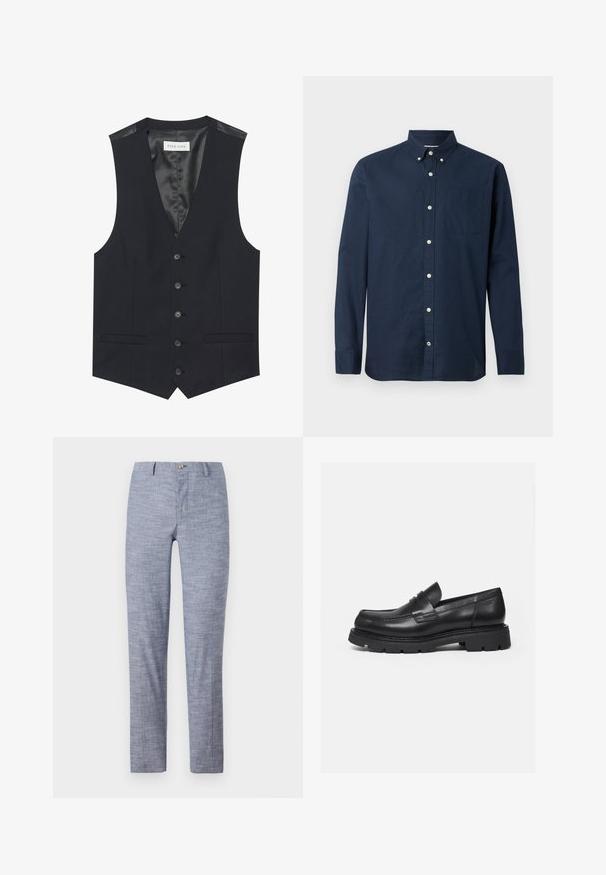 Chaleco negro con escote en V, seis botones en la parte delantera, dos bolsillos laterales y un forro interior suave. El material tiene un acabado texturizado.; Camisa de manga larga de color azul marino hecha de una tela ligera, con cuello de camisa, bolsillo frontal y botones blancos. Textura suave.; Pantalones de color azul claro hechos de una tela texturizada con un sutil patrón de espiga. Cuentan con un cierre de botón y un ajuste a medida.; Mocasín negro de cuero con suela gruesa y acanalada y detalle de tira para moneda, mostrado en perfil lateral derecho sobre fondo blanco.