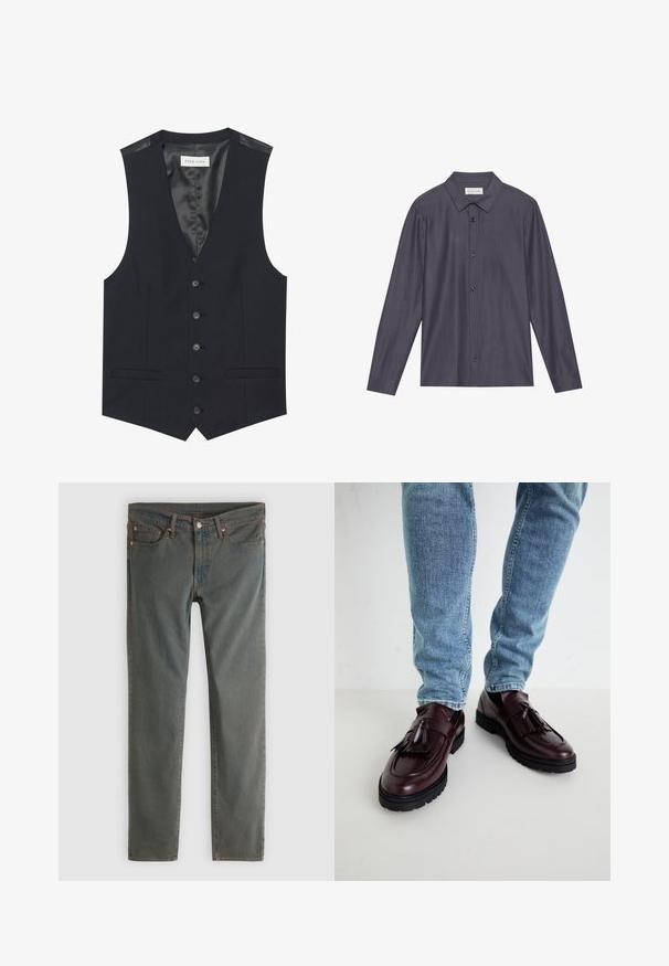 Sort vest med V-hals, seks frontknapper, to sidelommer og en glat inderfoer. Materialet har en tekstureret finish.; Mørkegrå skjorte med knaplukning, spidse kraver, lange ærmer og sorte knapper, lavet af et tekstureret stof og i en afslappet pasform.; Mørkegrå slim-fit jeans med knaplukning og lynlås foran, fem-lommer design og kobbernitter på bæltestropper og lommekanter.; Bordeaux læder loafers med kvaster og en tekstureret overdel, parret med lyseblå denimjeans. Sort gummisål synlig.