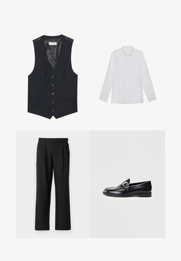 Gilet noir avec un décolleté en V, six boutons sur le devant, deux poches latérales et une doublure intérieure lisse. Le matériau a une finition texturée.; Chemise blanche à manches longues en tissu lisse, dotée d'un col pointu, d'une fermeture à boutons sur le devant et de poignets à un bouton.; Jack & Jones JPSTBILL JJDAYTONA WIDE CHINO - Chino - black; Mocassins en cuir noir avec un bout arrondi, des coutures détaillées, un accent en boucle argentée et un talon bas. Texture lisse avec une finition polie.