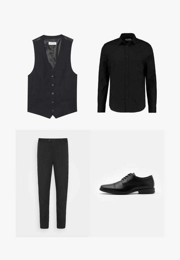 Gilet noir avec un décolleté en V, six boutons sur le devant, deux poches latérales et une doublure intérieure lisse. Le matériau a une finition texturée.; Chemise noire à manches longues en tissu lisse, dotée d'un devant à boutons, d'un col pointu et d'une coupe ajustée avec un ourlet courbé.; Pantalons noirs taillés avec une coupe droite, poches avant et fermeture à bouton. Fabriqués en tissu lisse avec un léger éclat.; Chaussure habillée en cuir noir avec un bout pointu, un design à lacets, des détails de couture subtils et une semelle en caoutchouc texturée, basse.