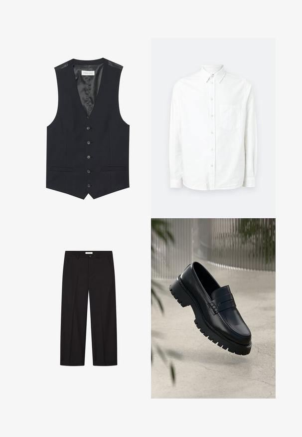 Gilet noir avec un décolleté en V, six boutons sur le devant, deux poches latérales et une doublure intérieure lisse. Le matériau a une finition texturée.; Chemise blanche à manches longues avec boutons, en tissu léger. Présente une poche poitrine, un col classique et une texture subtile.; Pantalons larges noirs en tissu lisse. Comprend une fermeture avec bouton et zip, deux poches avant et une finition ourlée nette.; Mocassins en cuir noir avec une semelle à crampons épaisse, dotés d'une sangle décorative et de détails de couture. Texture lisse avec une finition polie.